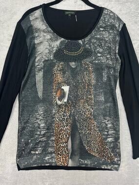 Tricotto Mixed Media Rhinestone Leopard Woman Tunic Top Y2K Glam Graphic Art - S